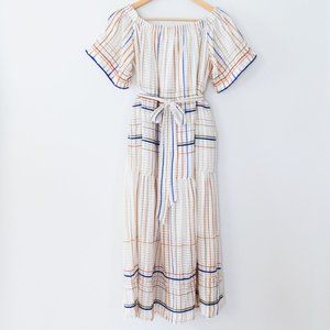 Mii Collection Les Madras Off Shoulder Striped Embroidered Tie Waist Midi Dress